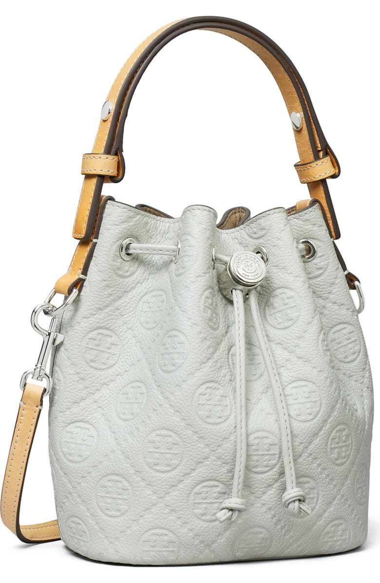 Tory Burch Mini T Monogram Pebble Leather Bucket Bag, Alternate, color, Light Titanium
