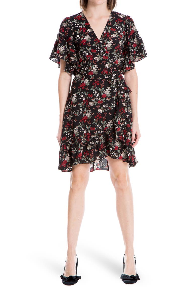 Floral Print Wrap Ruffle Dress, Main, color, BLKWNFFB