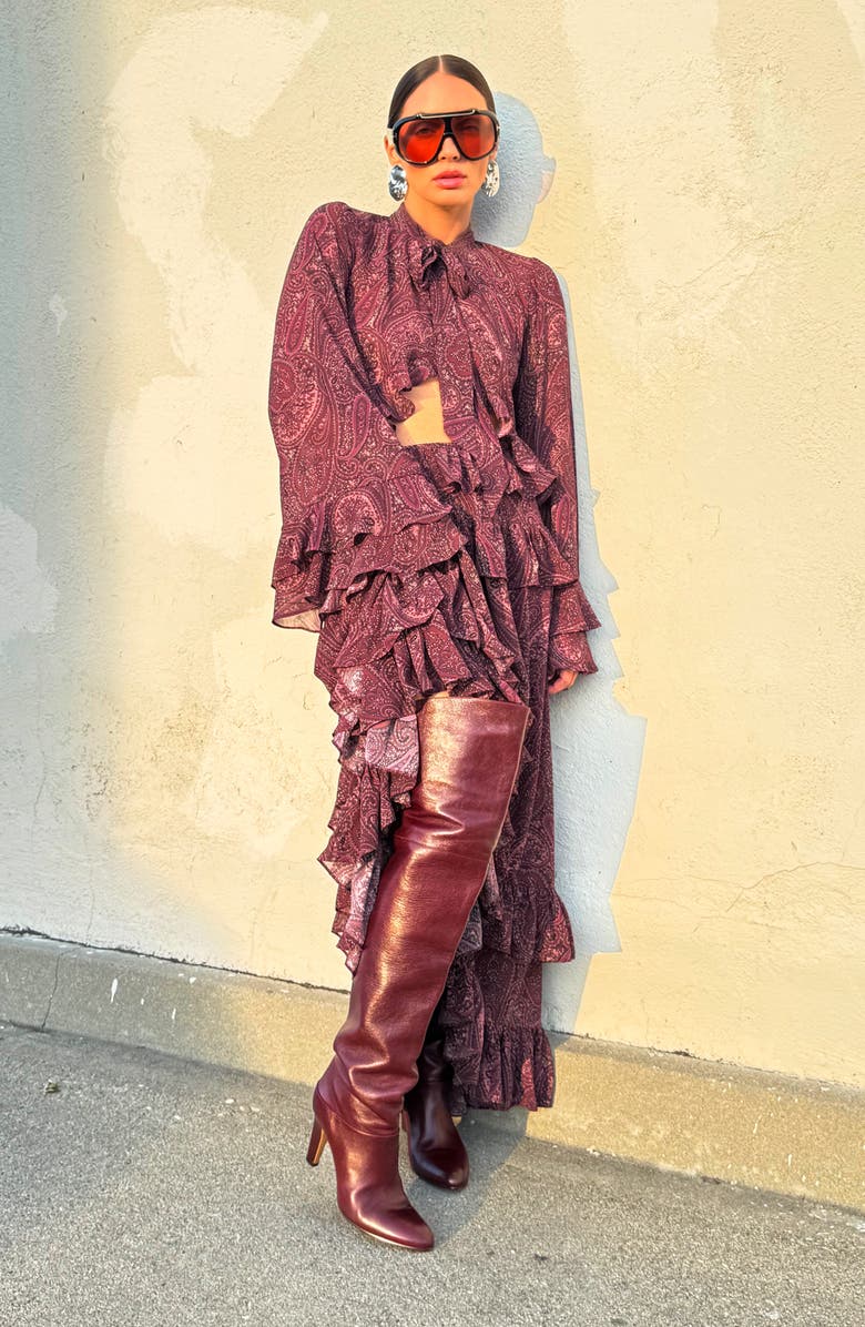 AFRM Aldora Paisley Bell Sleeve Crop Top, Alternate, color, Chocolate Paisley