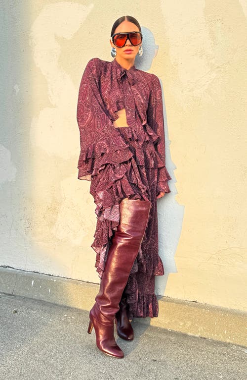 Afrm Aldora Paisley Bell Sleeve Crop Top In Burgundy