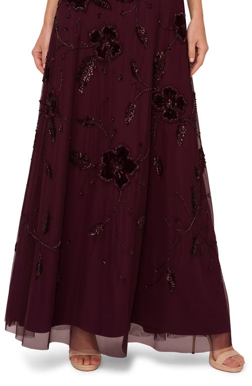 Adrianna Papell Beaded Floral Velvet Gown In Burgundy