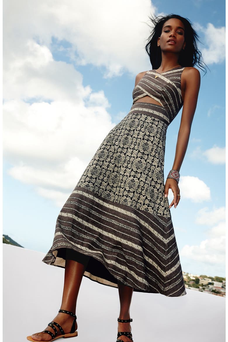 'Tribal Tale' Cutout Mixed Print Midi Dress, Alternate, color, BLACK COMBO