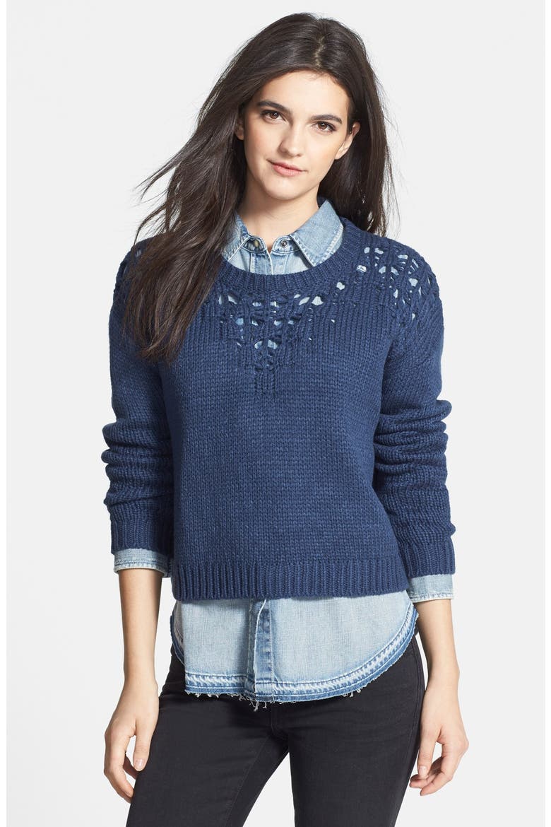 Pointelle Yoke Crop Sweater, Main, color, NAVY INDIGO