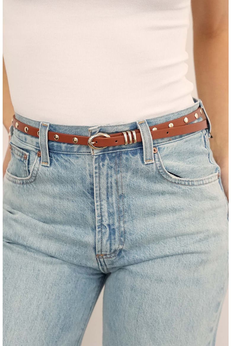 Skinny Studded Leather Belt, Alternate, color, COGNAC