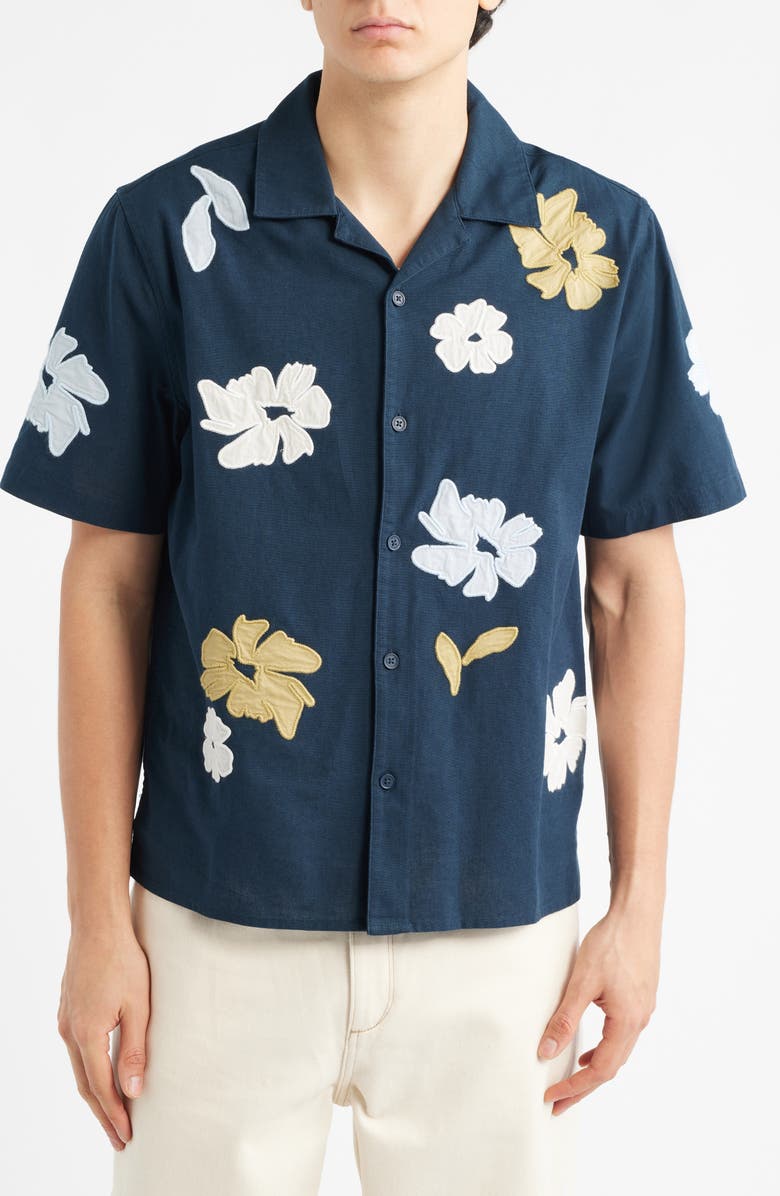 Wax London Didcot Floral Cotton & Linen Camp Shirt, Alternate, color, Navy / Multi