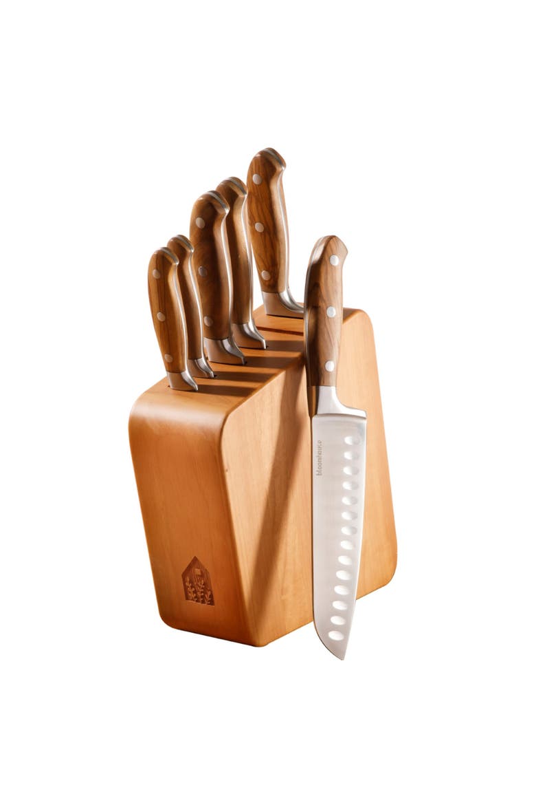 Italian Olive Wood Knife Block Set W/ German Steel Forged Knives, Main, color, Natural Wood