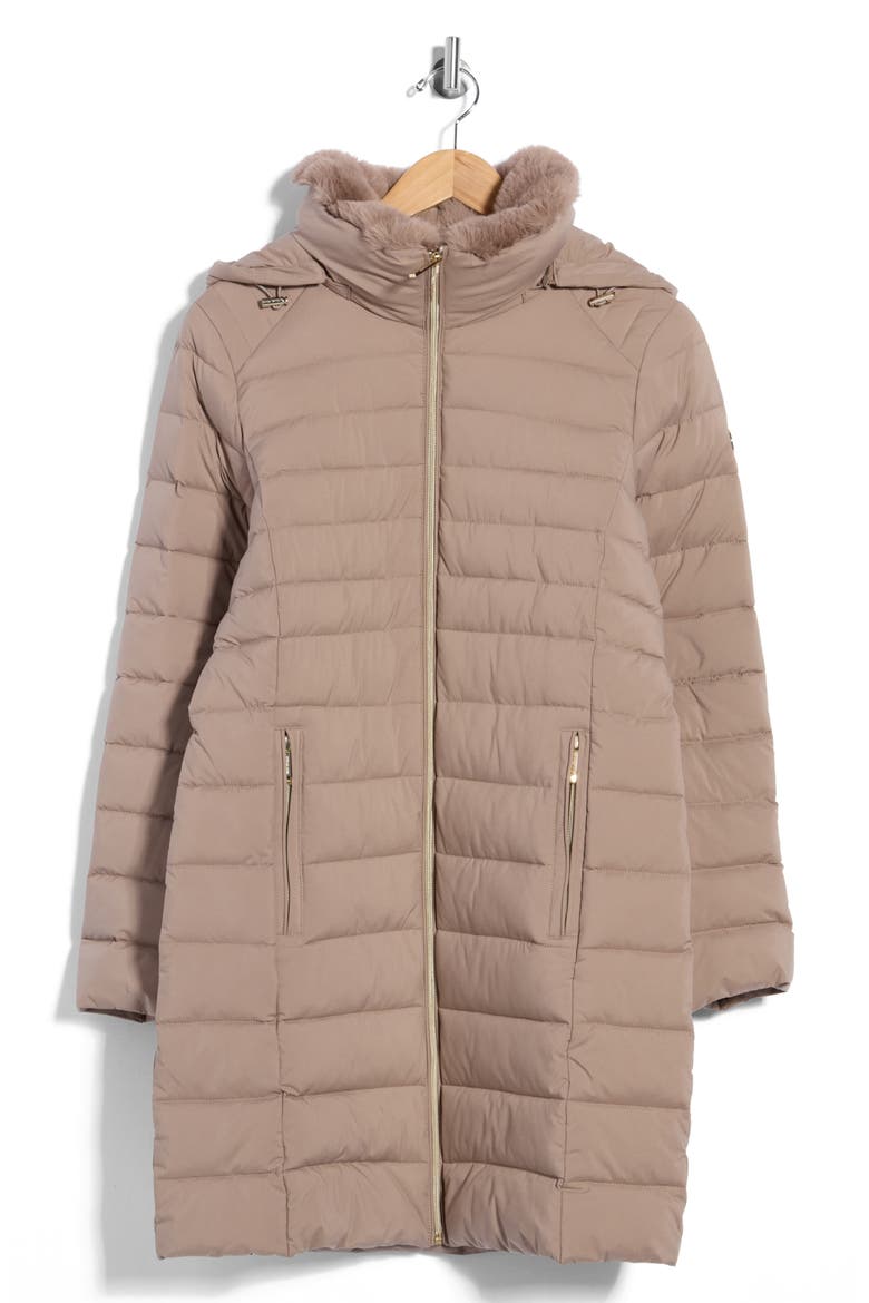 Packable Hooded Puffer Coat with Faux Fur Trim, Alternate, color, TAUPE