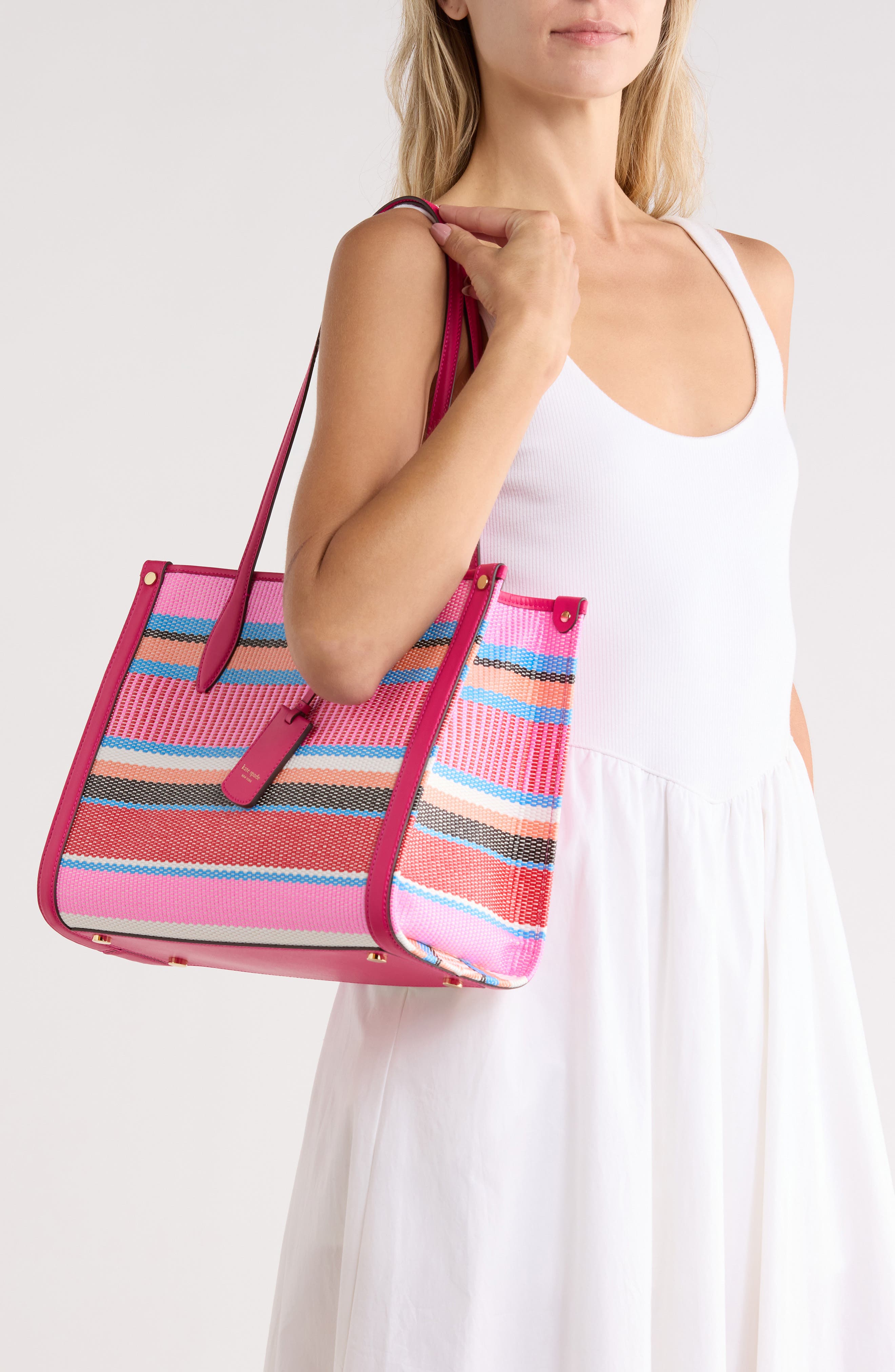 Manhattan Medium Striped Woven Straw Tote, Alternate, color, WILD RASPBERRY MULTI