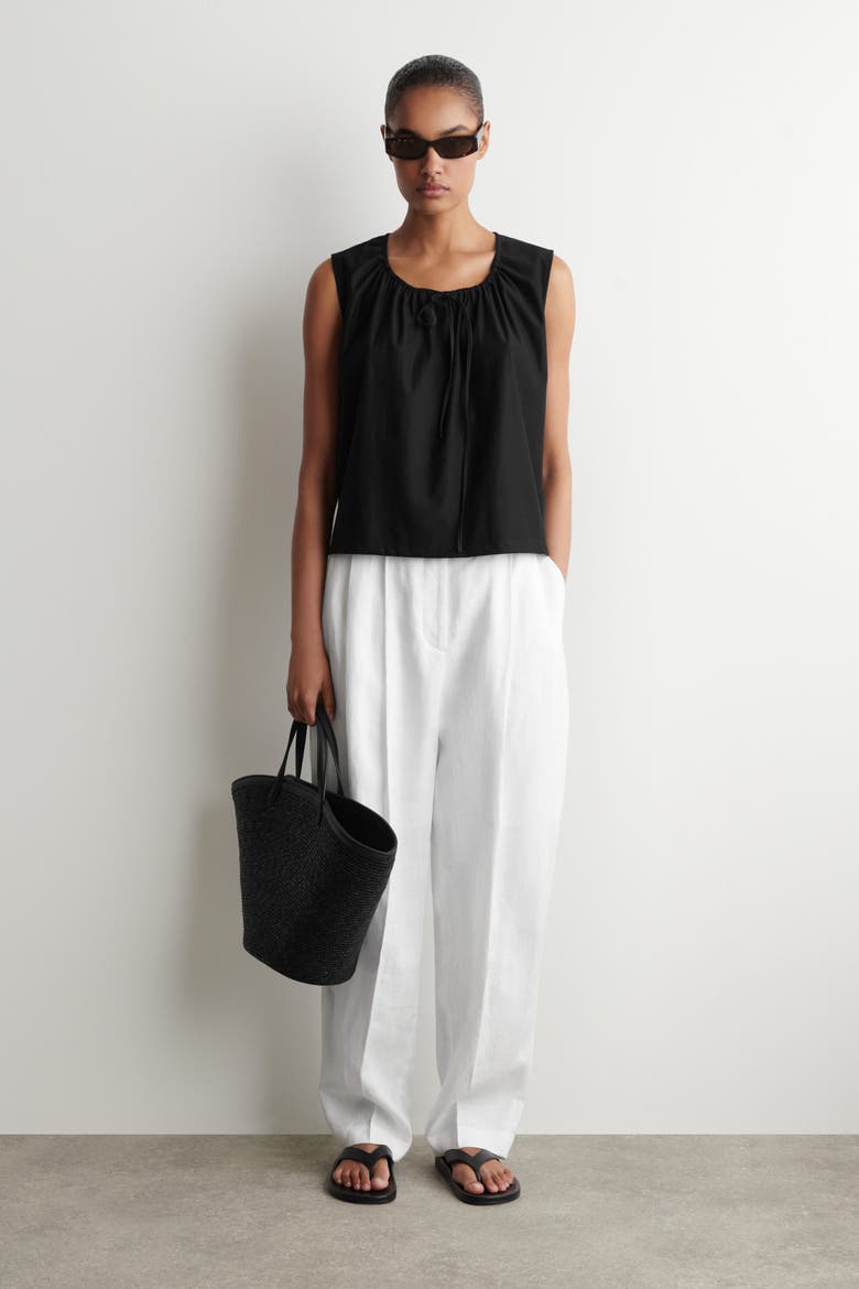 Gathered-neck Jersey Tank Top, Alternate, color, BLACK