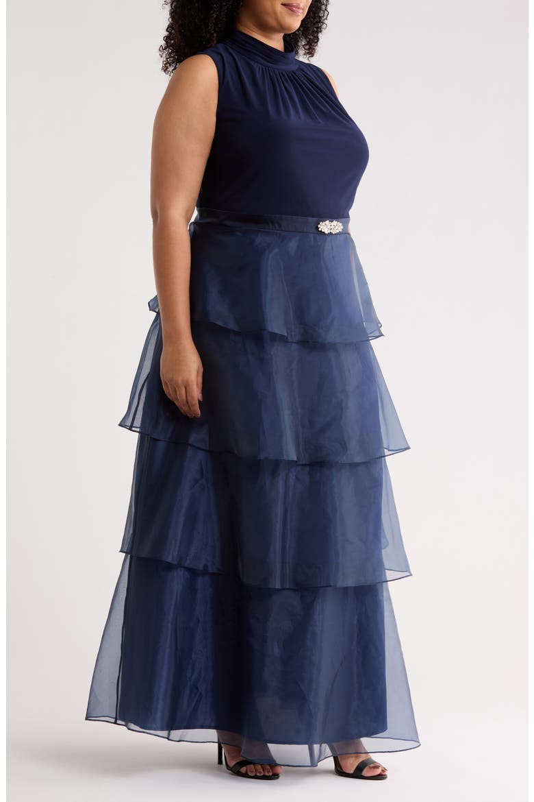 Mixed Media Tiered Organza Gown, Alternate, color, NAVY