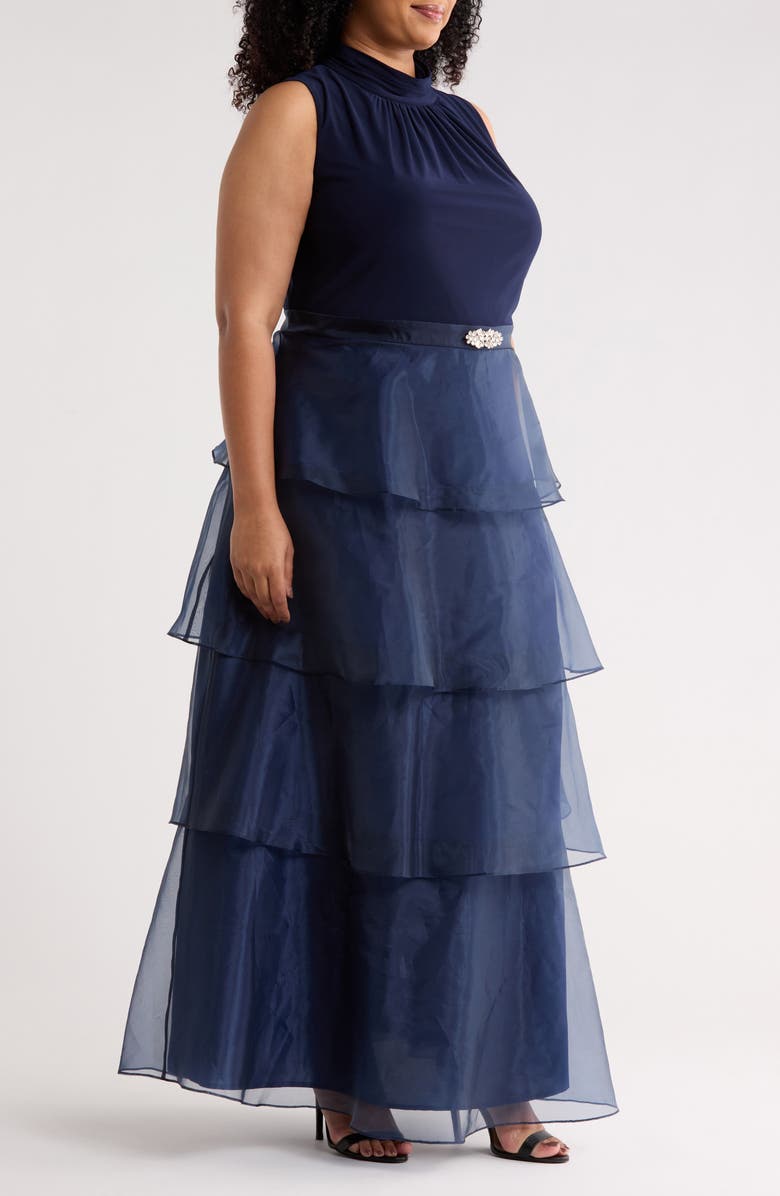 Jessica Howard Mixed Media Tiered Organza Gown, Alternate, color, Navy