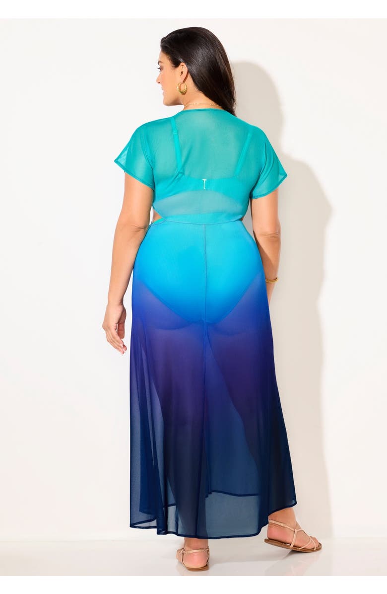 Swimsuits for All Twist Front Mesh Cut-Out Cover Up Dress, Alternate, color, Green Blue Ombre
