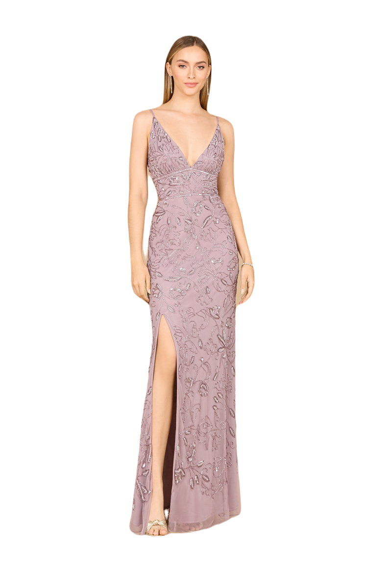 Embellished Gown with Slit And Spaghetti Straps, Main, color, Dusty Lavender