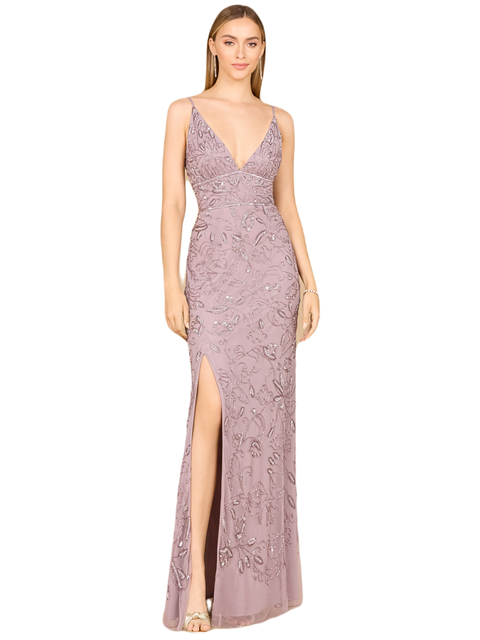 Embellished Gown with Slit And Spaghetti Straps
