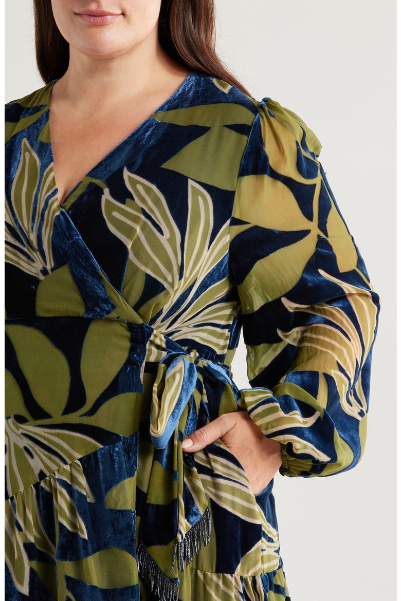 Lilian Long Sleeve Velvet Wrap Maxi Dress, Alternate, color, NAVY/ GREEN