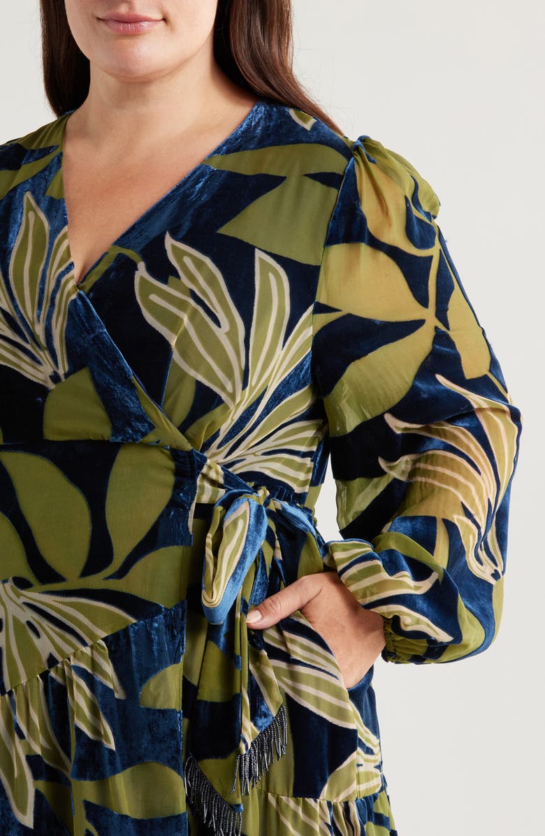 CIEBON Lilian Long Sleeve Velvet Wrap Maxi Dress, Alternate, color, Navy/ Green