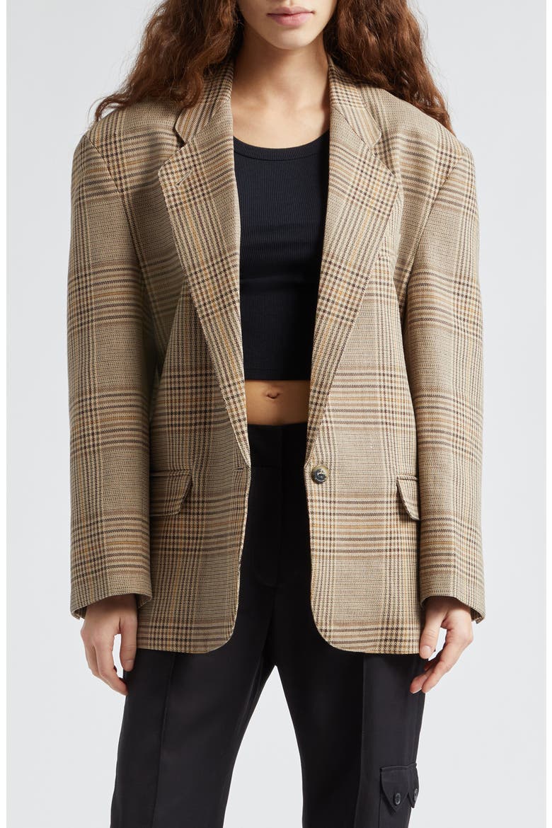 Massive One-Button Plaid Cotton & Linen Blazer, Main, color, SAND GLEN CHECK