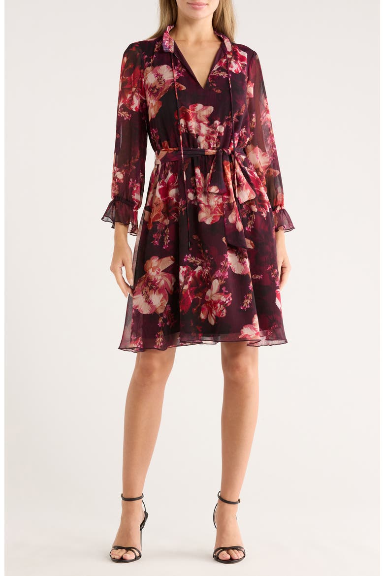 Floral Ruffle Sleeve Tie Waist Chiffon Dress, Main, color, WINE MULTI