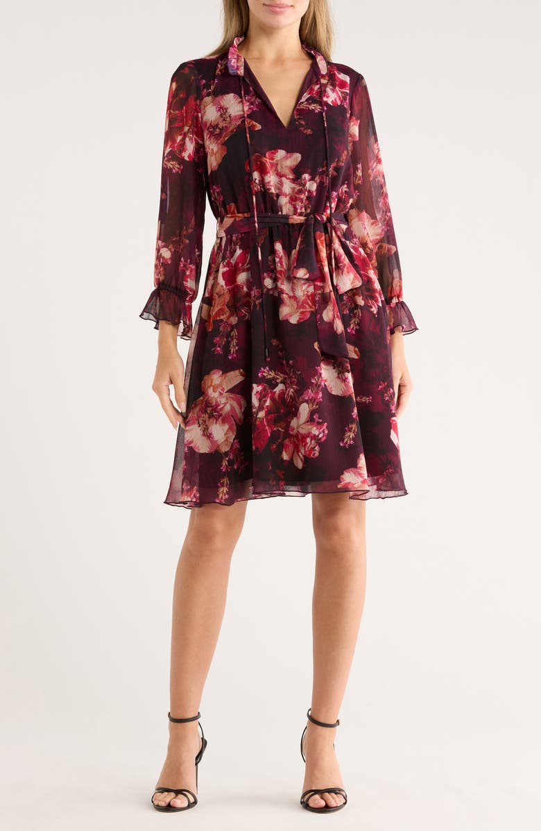 Vince Camuto Floral Ruffle Sleeve Tie Waist Chiffon Dress, Main, color, Wine Multi