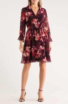 Vince Camuto Floral Ruffle Sleeve Tie Waist Chiffon Dress