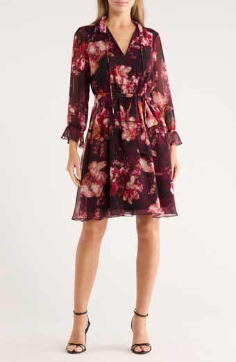 Vince Camuto Floral Ruffle Sleeve Tie Waist Chiffon Dress