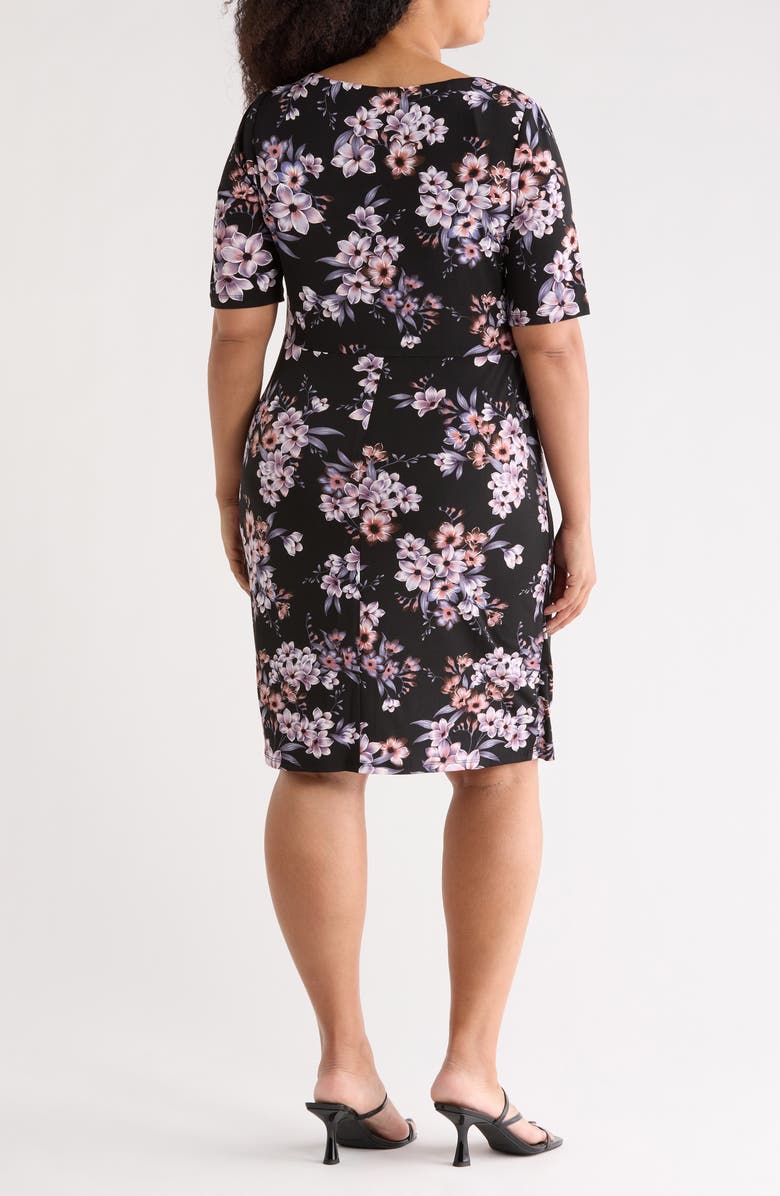 Connected Apparel Floral Elbow-Length Sleeve Faux Wrap Dress, Alternate, color, Black/Iris