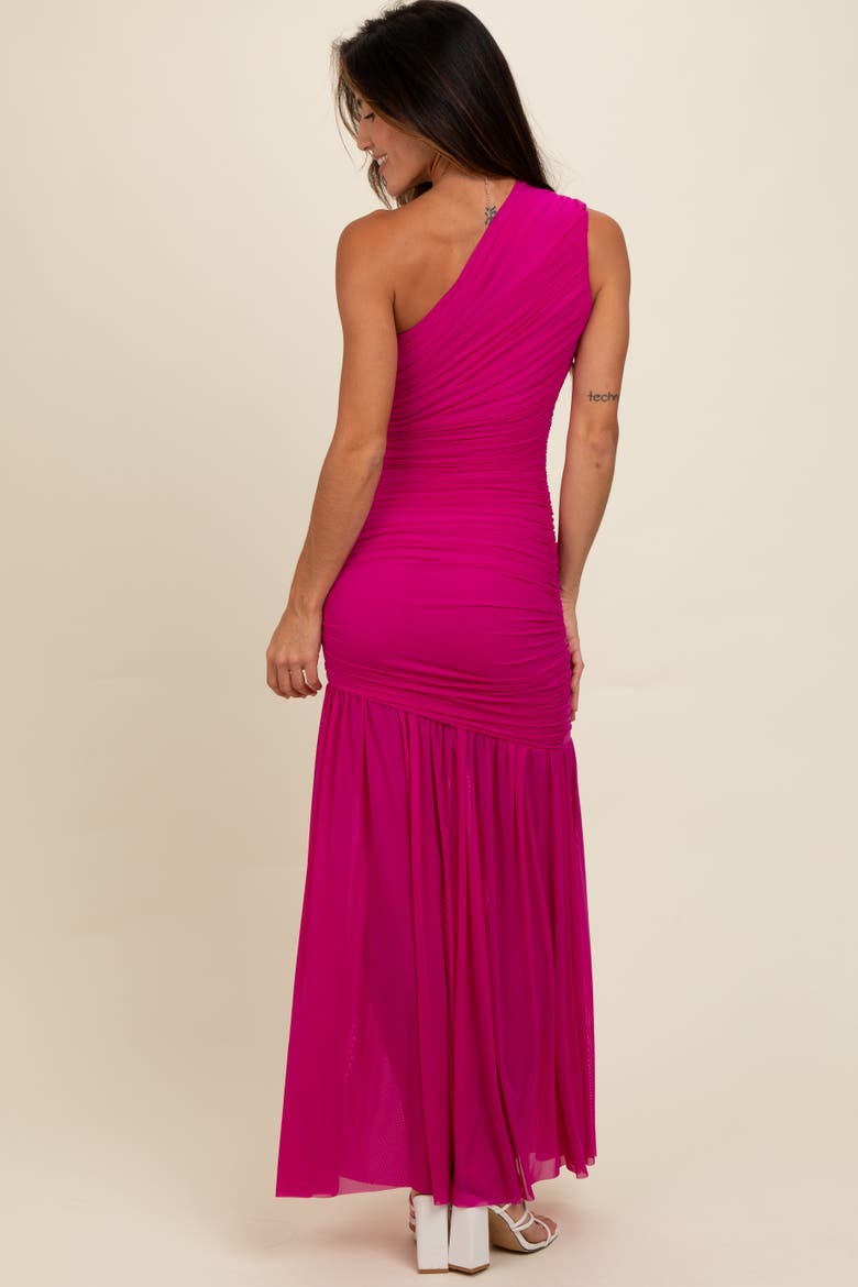 Ruched Mesh One Shoulder Maxi Dress, Alternate, color, Magenta
