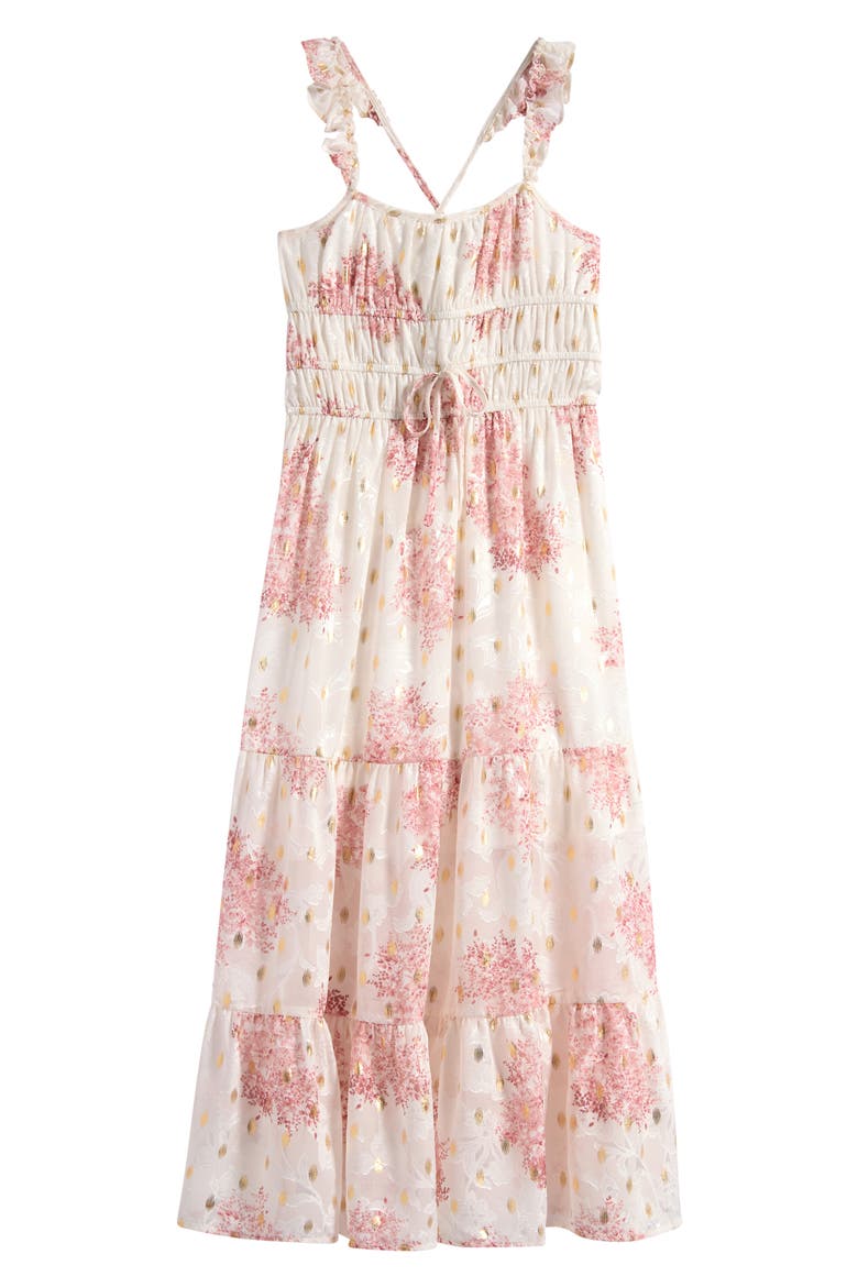 Kids' Floral Ruffle Strap Maxi Dress, Main, color, PEARL