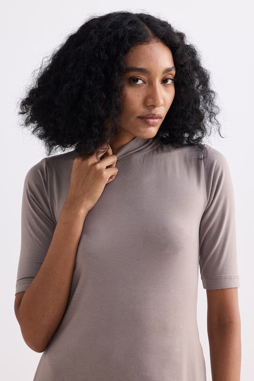 Reistor High Crew Neck Elbow Sleeves Fitted Dress In Dusty Brown