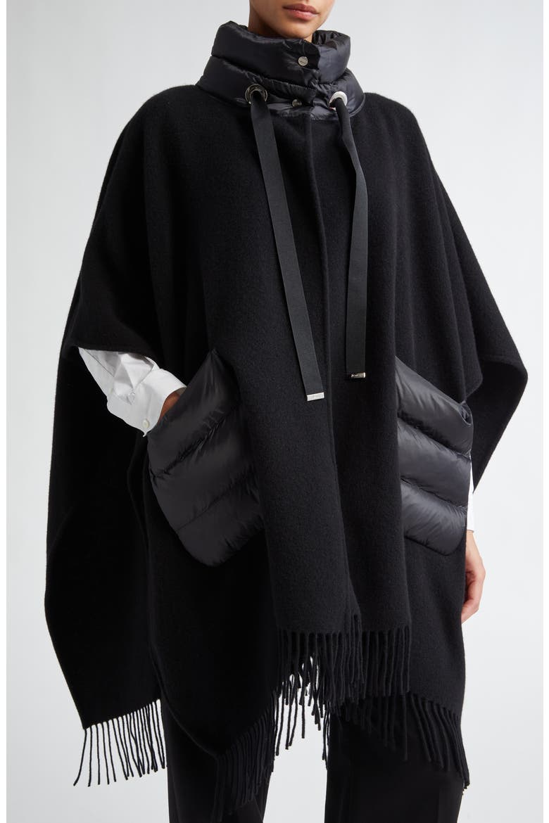 Mixed Media Fringe Trim Poncho, Alternate, color, BLACK