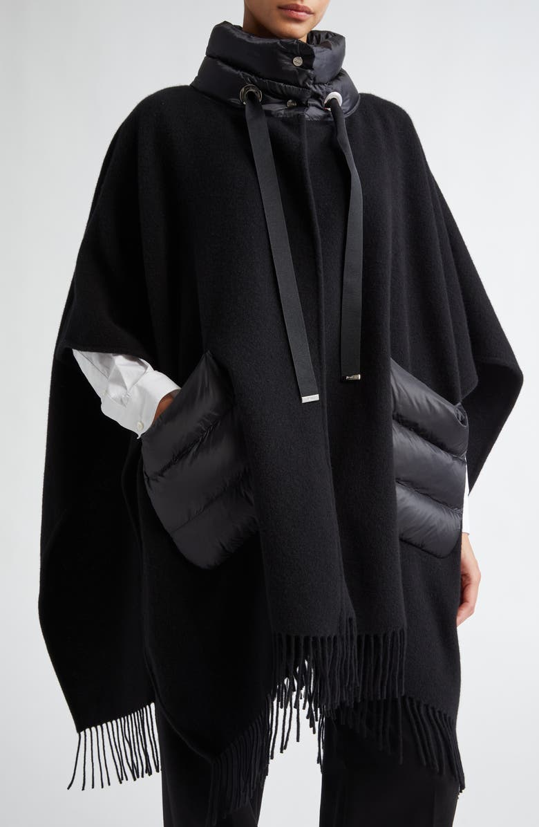 Herno Mixed Media Fringe Trim Poncho, Alternate, color, Black