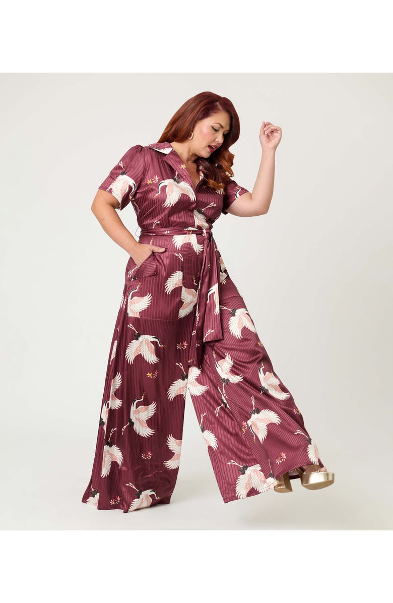Unique Vintage Plus Size 1940s Flare Leg Jumpsuit, Alternate, color, Burgundy Crane Print