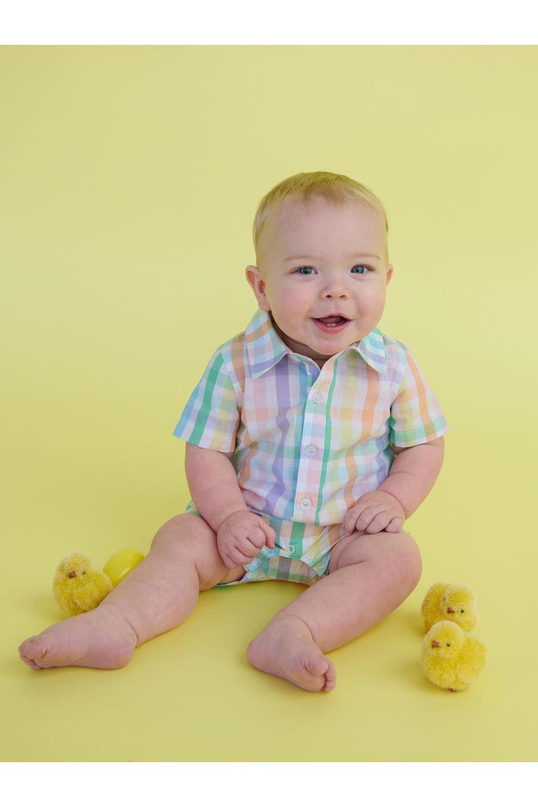 Baby Boys Woven Short Sleeve Button-Up Romper, Alternate, color, Poppy Rainbow Plaid