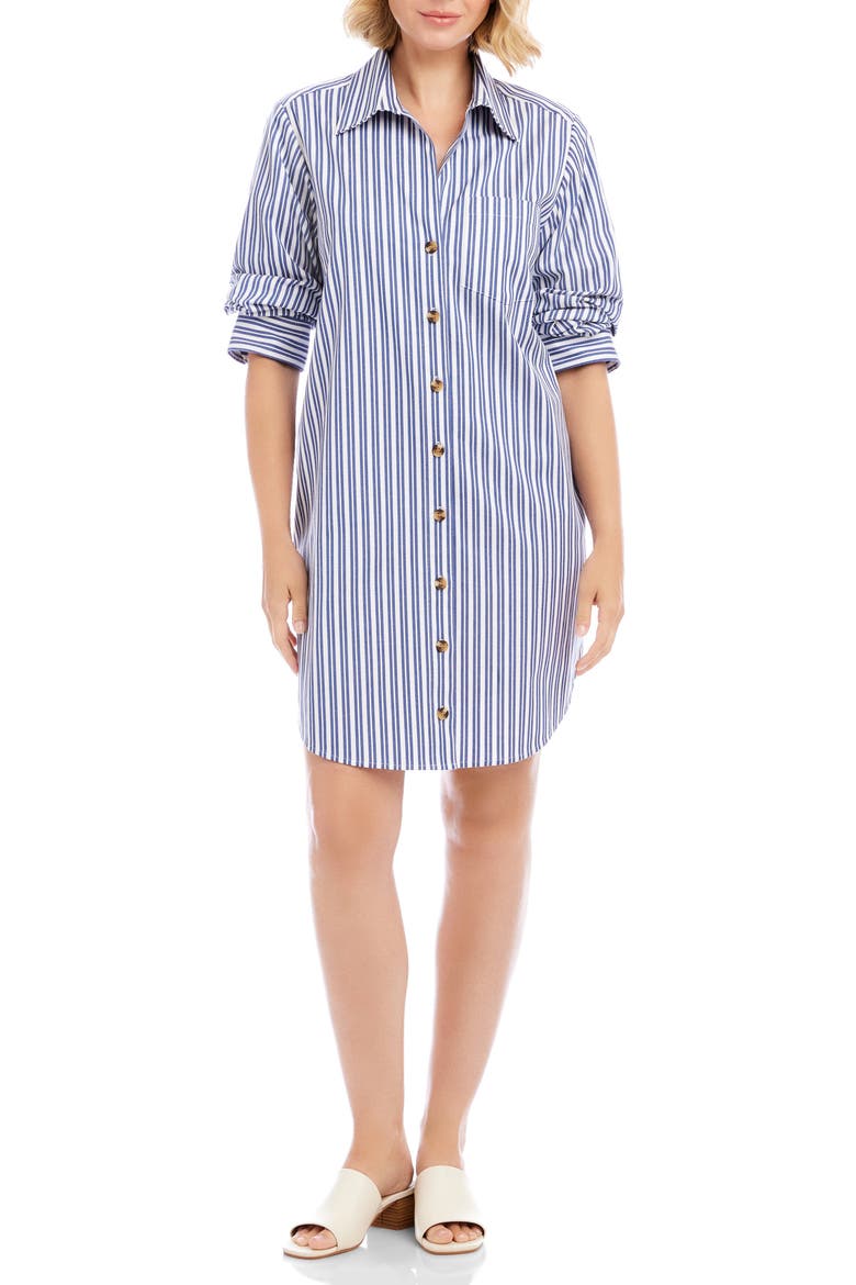 Ruched Sleeve Stripe Shirtdress, Main, color, BLUE/WHITE