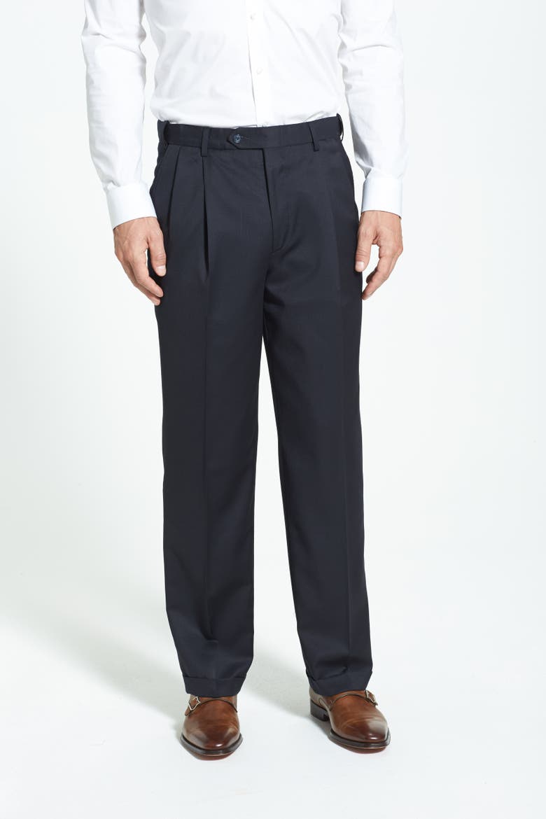 Self Sizer Waist Pleated Classic Fit Wool Gabardine Dress Pants, Alternate, color, NAVY