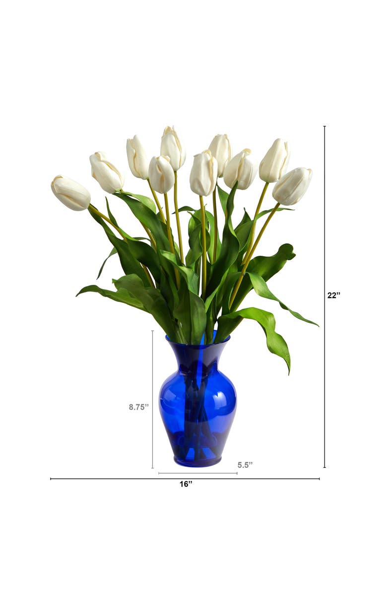 NEARLY NATURAL 22-in Dutch Tulip Artificial Arrangement in Blue Colored Vase, Alternate, color, White