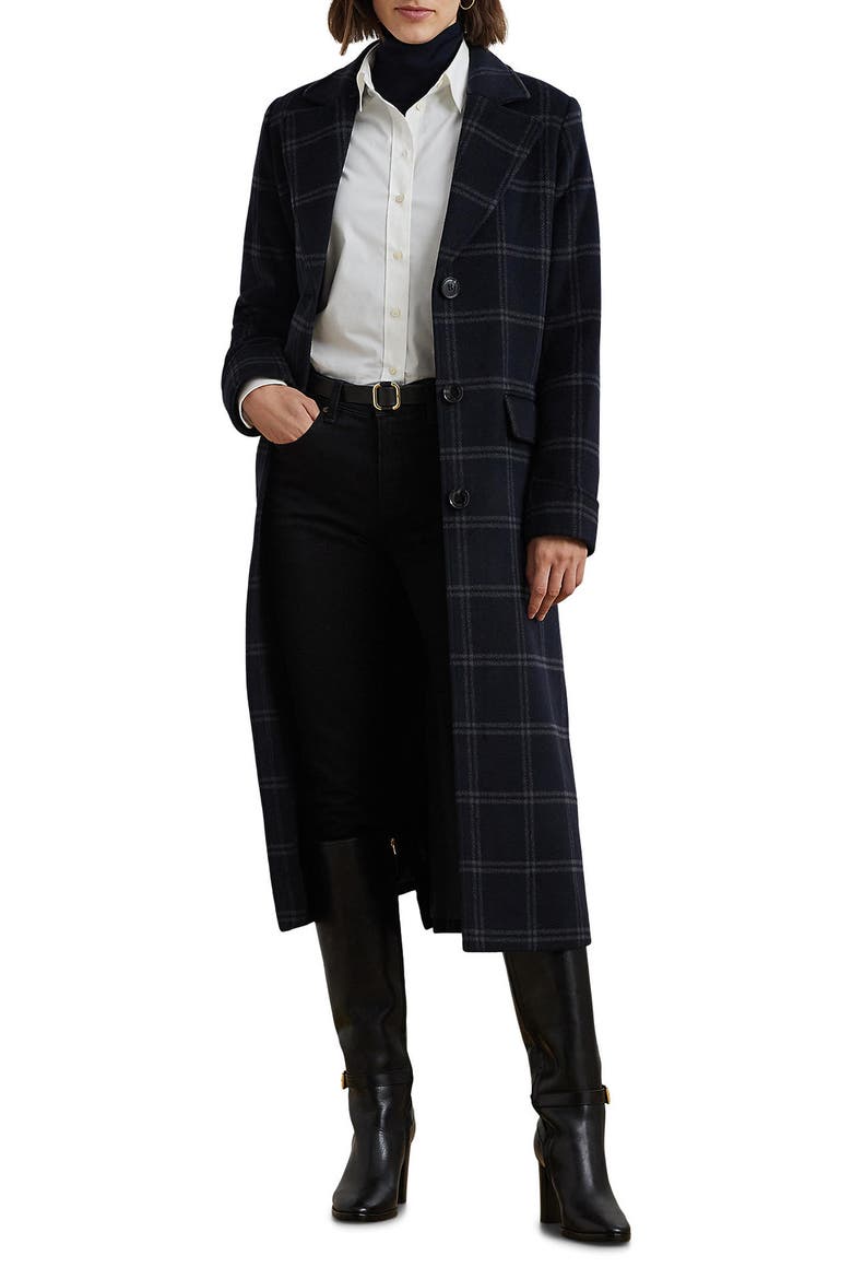 Windowpane Plaid Longline Wool Blend Reefer Coat, Main, color, NAVY BLUE/ GREY WINDOWPANE