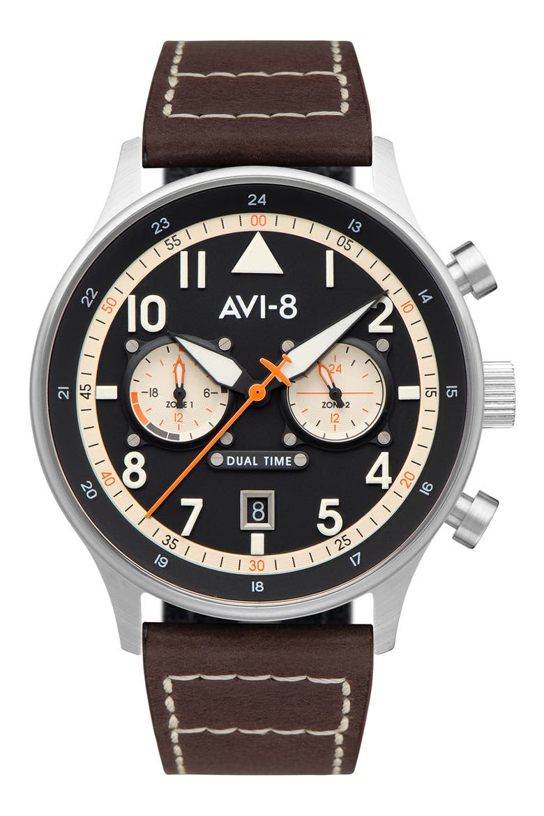 Hawker Hurricane Carey Chronograph Leather Strap Watch, 44mm, Main, color, BLACK