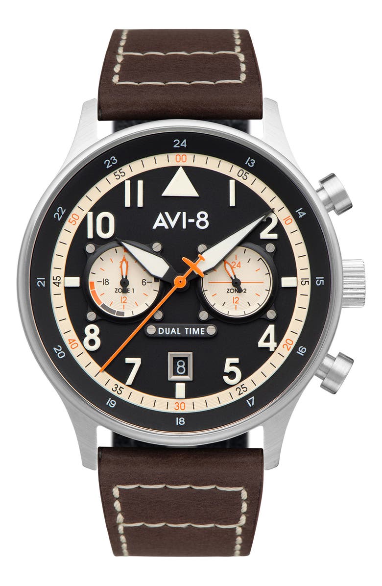 AVI-8 Hawker Hurricane Carey Chronograph Leather Strap Watch, 44mm, Main, color, Black