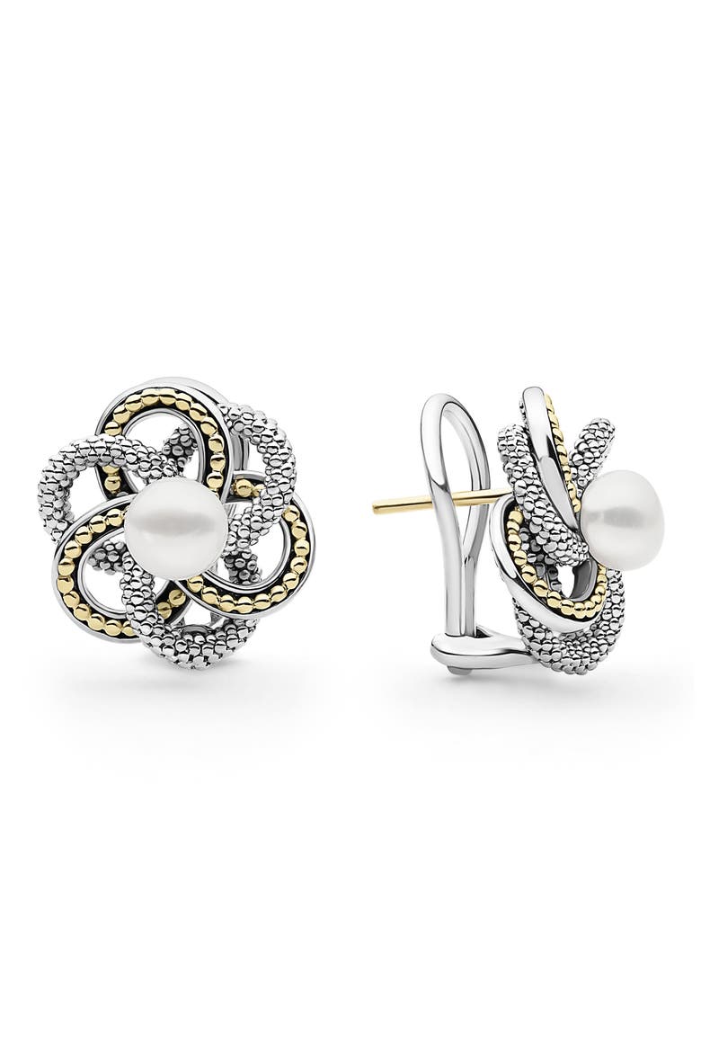 Luna Knot Cultured Pearl Studs, Main, color, PEARL/ SILVER
