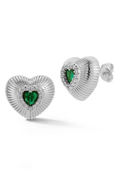 Cubic Zirconia Puffy Heart Stud Earrings
