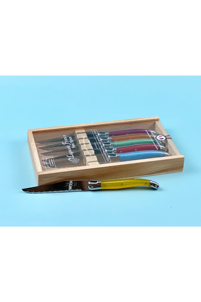 6 Piece Steak Knife Set, Platine Rainbow in Wood Box with Acrylic Lid, Alternate, color, Beige