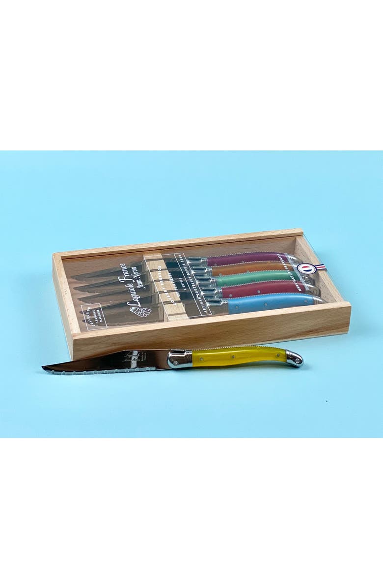 Be Home Laguiole 6 Piece Steak Knife Set, Platine Rainbow in Wood Box with Acrylic Lid, Alternate, color, Beige