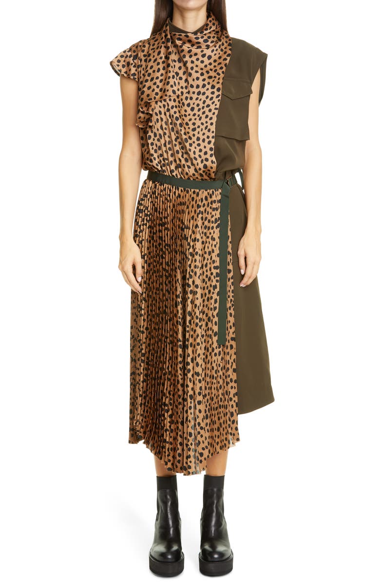 Sacai Cheetah Print Mixed Media Pleated Dress, Main, color, 