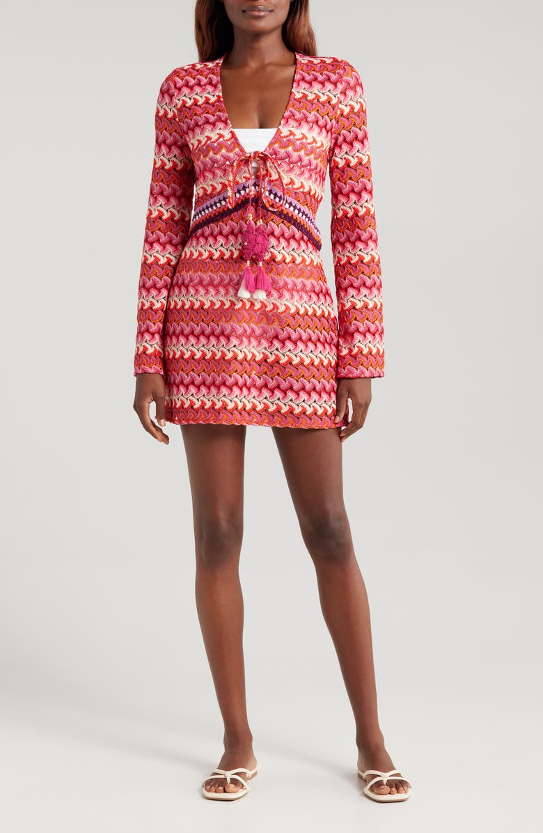 Ramy Brook Carra Crochet Long Sleeve Cover-Up Minidress, Main, color, 