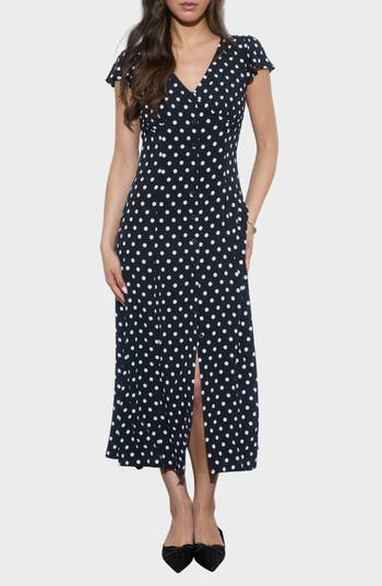 Blu Pepper Poka Dot Print Midi Dress In Black