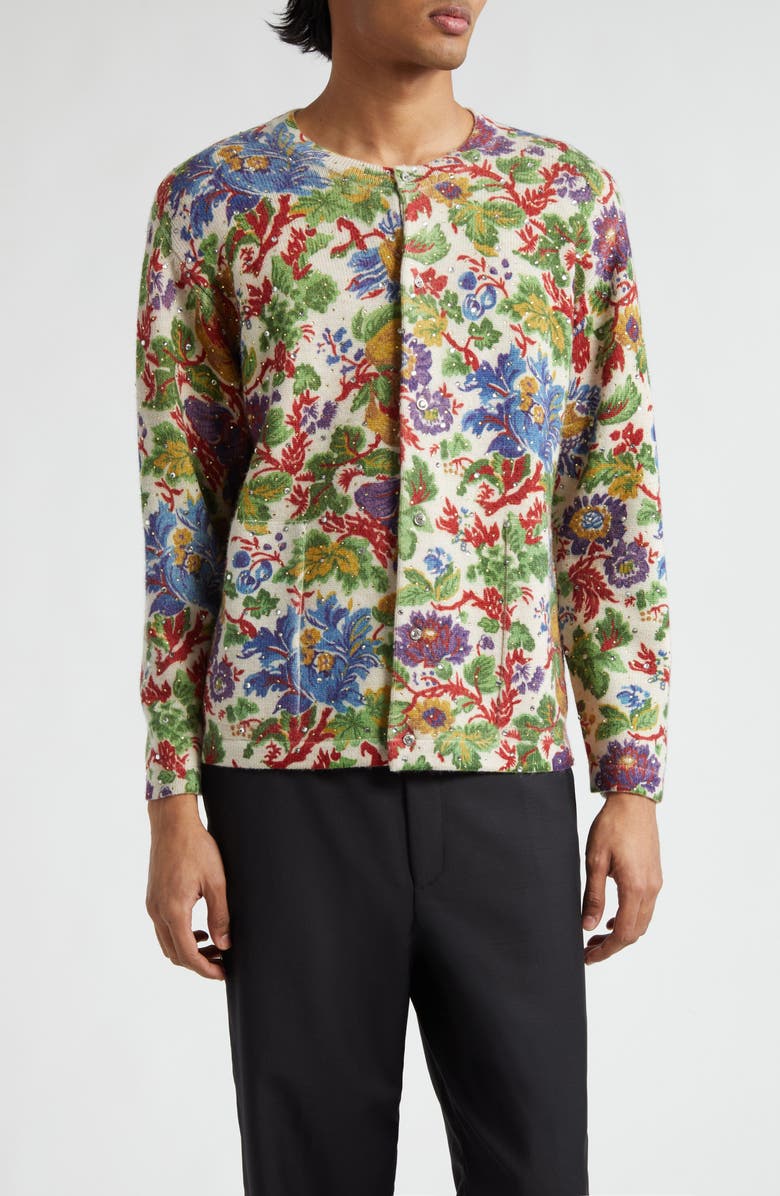 Bode Crystal Embellished Floral Wool Cardigan, Main, color, 
