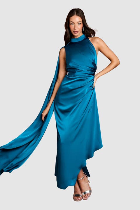 Satin Ruched Waist Cap Midi Dress