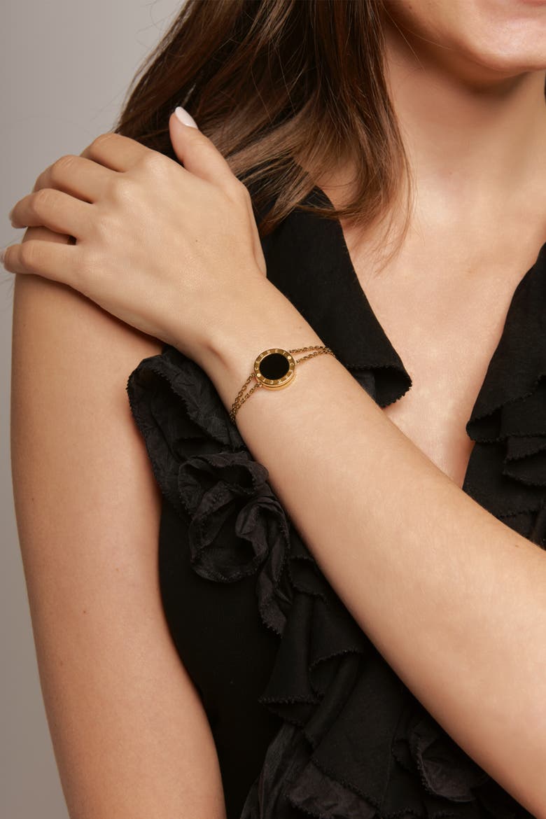 24K Gold Plated Double Chain With  Black Enamel Luxury Safety Bracelet, Alternate, color, 24k Gold Plated