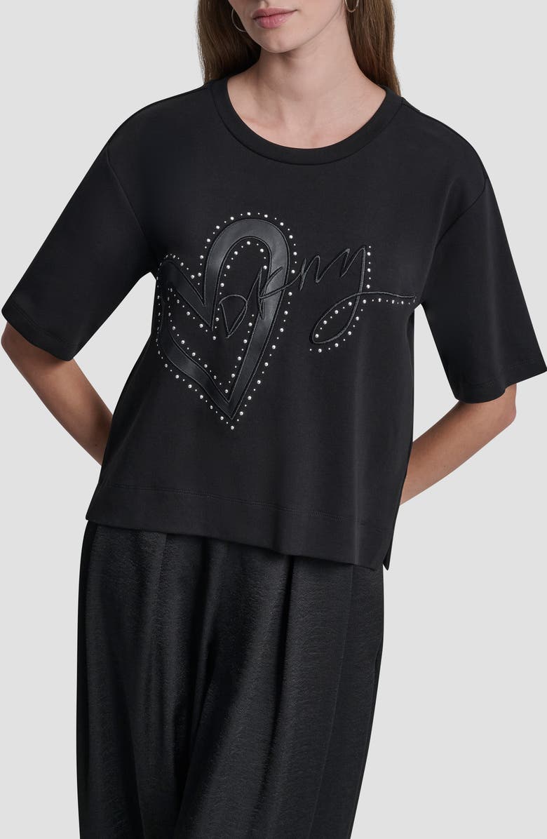 DKNY Stud Heart Appliqué T-Shirt, Main, color, Black